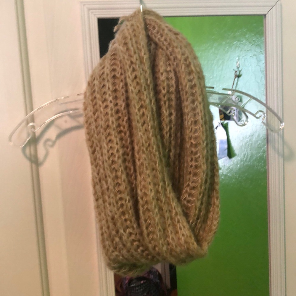 Tan and white knit infinity scarf